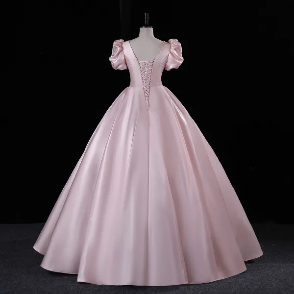 Lovely Blushing Pink Rhinestone Satin Prom Dresses 2023 Ball Gown Scoop Neck Puffy Short Sleeve Backless Floor-Length / Long Prom Formal Dresses