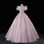 Lovely Blushing Pink Rhinestone Satin Prom Dresses 2023 Ball Gown Scoop Neck Puffy Short Sleeve Backless Floor-Length / Long Prom Formal Dresses