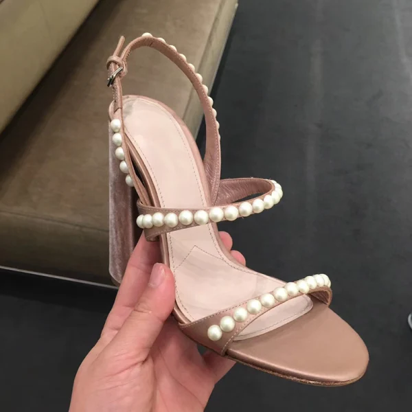 Sexy Nude Street Wear Pearl Womens Sandals 2020 Slingbacks 9 cm Thick Heels Open / Peep Toe Sandals