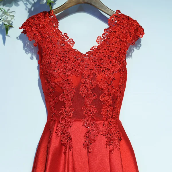 Chic / Beautiful Red Formal Dresses Evening Dresses 2017 Lace Flower Short Sleeve V-Neck A-Line / Princess Ankle Length