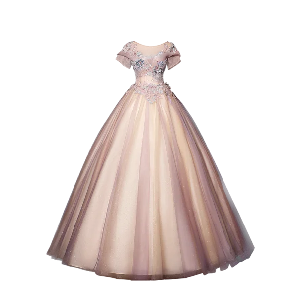 Vintage / Retro Blushing Pink Quinceañera Prom Dresses 2020 Ball Gown Scoop Neck Pearl Sequins Rhinestone Lace Flower Short Sleeve Backless Floor-Length / Long Formal Dresses