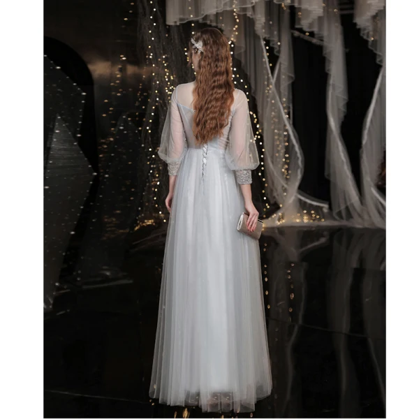 Elegant Grey Beading Evening Dresses Prom Dresses 2021 A-Line / Princess High Neck Appliques Lace Flower Pearl 3/4 Sleeve Backless Floor-Length / Long Prom Formal Dresses