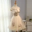 Elegant Champagne Graduation Dresses 2018 A-Line / Princess Embroidered Off-The-Shoulder Backless Short Sleeve Short Formal Dresses