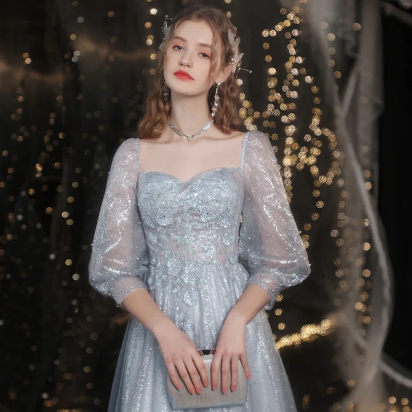Glitzernden Silber Perlenstickerei Pailletten Strass Abendkleider Ballkleider 2021 A Linie Eckiger Ausschnitt Spitze Blumen 3/4 Ärmel Rückenfreies Lange Abend Ball Festliche Kleider