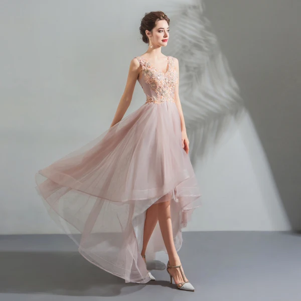 Modern / Fashion Blushing Pink Cocktail Dresses 2018 A-Line / Princess Asymmetrical Beading Crystal Lace Flower V-Neck Sleeveless Backless Formal Dresses
