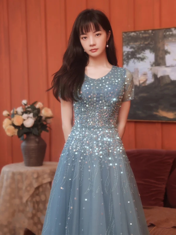 Sparkly Ocean Blue Prom Dresses 2021 A-Line / Princess Scoop Neck Star Sequins Rhinestone Short Sleeve Floor-Length / Long Prom Formal Dresses