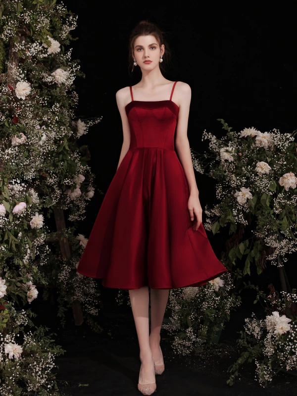 Chic / Beautiful Burgundy Satin Prom Dresses 2021 A-Line / Princess Spaghetti Straps Sleeveless Backless Bow Floor-Length / Long Prom Formal Dresses