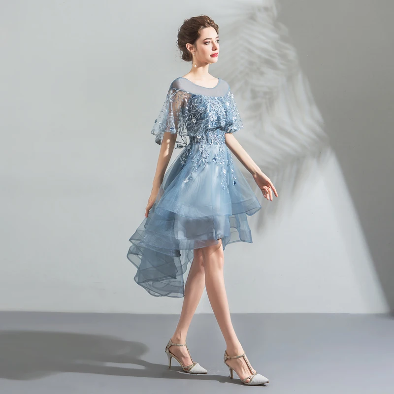 Modern Fashion Pool Blue Cocktail Dresses 2018 A Line Princess Asymmetrical  Lace Flower Pearl Scoop Neck Backless Short Sleeve Formal Dresses