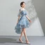 Modern / Fashion Pool Blue Cocktail Dresses 2018 A-Line / Princess Asymmetrical Lace Flower Pearl Scoop Neck Backless Short Sleeve Formal Dresses