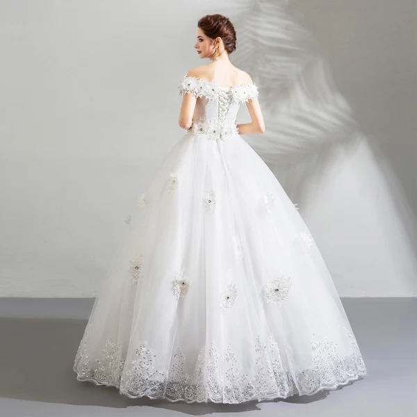 Amazing / Unique White Wedding Dresses 2018 Ball Gown Lace Appliques Rhinestone Off-The-Shoulder Backless Short Sleeve Floor-Length / Long Wedding