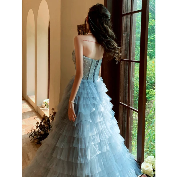 Chic / Beautiful Sky Blue Cascading Ruffles Prom Dresses 2021 A-Line / Princess Strapless Beading Appliques Short Sleeve Backless Floor-Length / Long Prom Formal Dresses