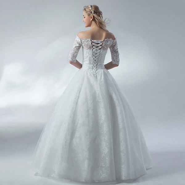 Affordable White Wedding Dresses 2018 A-Line / Princess Lace Flower Off-The-Shoulder Backless 1/2 Sleeves Floor-Length / Long Wedding