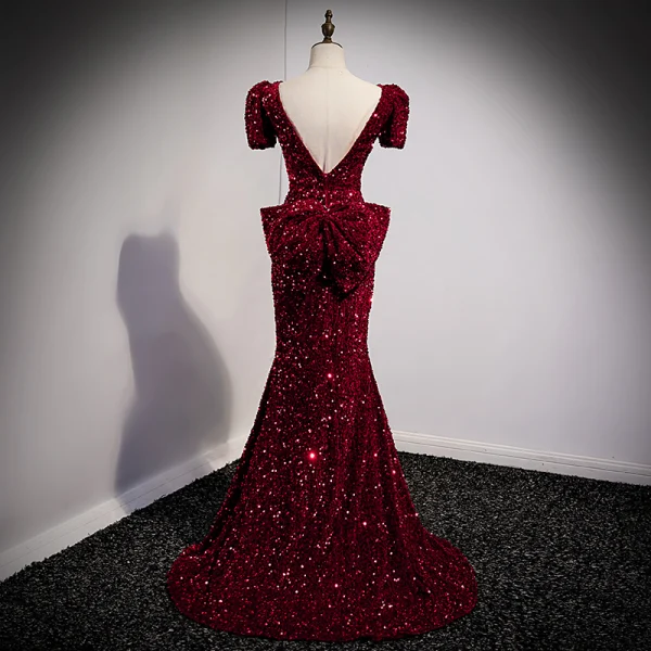 Sparkly Burgundy Sequins Evening Dresses 2021 Trumpet / Mermaid V-Neck Short Sleeve Backless Bow Floor-Length / Long Evening Party Formal Dresses