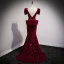 Sparkly Burgundy Sequins Evening Dresses  2021 Trumpet / Mermaid V-Neck Short Sleeve Backless Bow Floor-Length / Long Evening Party Formal Dresses