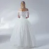 Affordable Ivory Wedding Dresses 2018 Ball Gown Lace Flower Off-The-Shoulder Backless Short Sleeve Floor-Length / Long Wedding