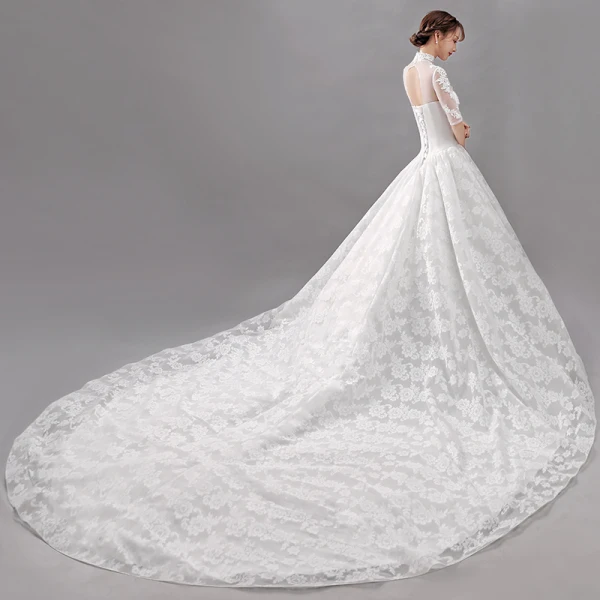 Affordable White Wedding Dresses 2018 Ball Gown Lace Flower High Neck Backless Short Sleeve Cathedral Train Wedding