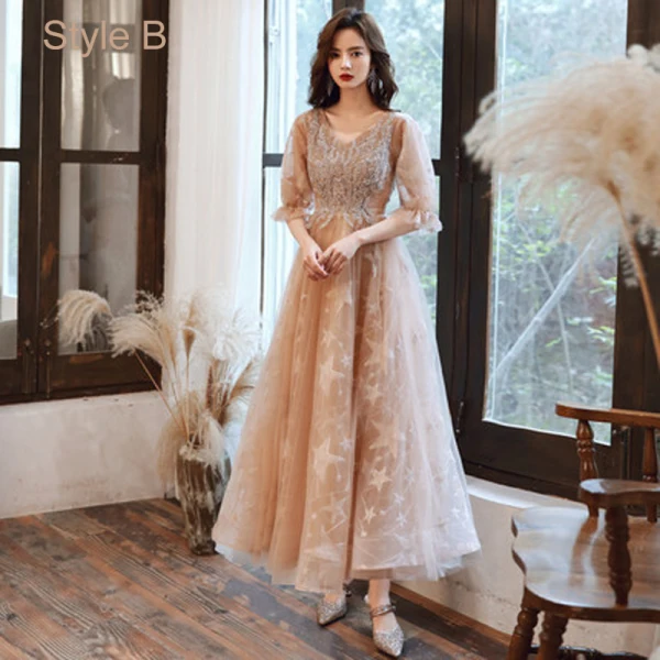 Charming Champagne Beading Sequins Homecoming Graduation Dresses Prom Dresses 2021 A-Line / Princess V-Neck Star Lace 1/2 Sleeves Floor-Length / Long Formal Dresses
