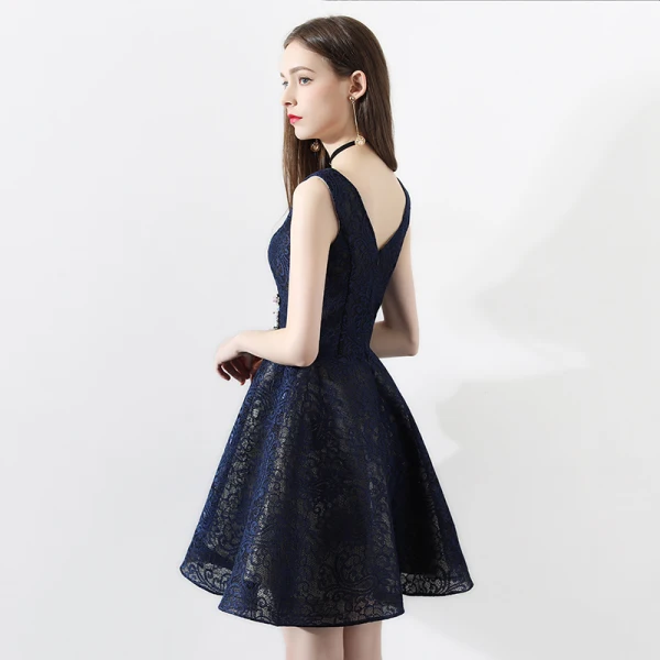 Modern / Fashion Navy Blue Party Dresses 2018 A-Line / Princess Lace V-Neck Backless Short Sleeve Short Formal Dresses
