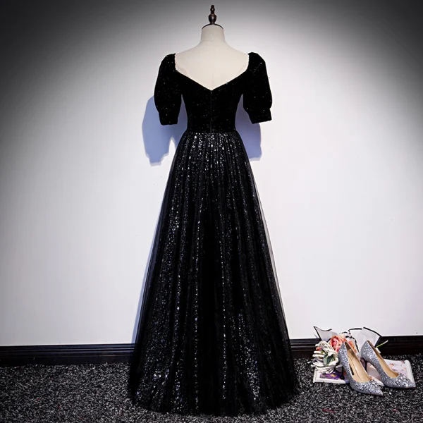 Bling Bling Sternenklarer Himmel Schwarz Star Pailletten Ballkleider 2021 A Linie Eckiger Ausschnitt Kurze Ärmel Rückenfreies Lange Ball Festliche Kleider