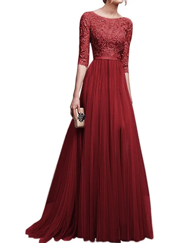 Modest / Simple Navy Blue Maxi Dresses 2018 A-Line / Princess Lace Sash Scoop Neck 1/2 Sleeves Floor-Length / Long Womens Clothing