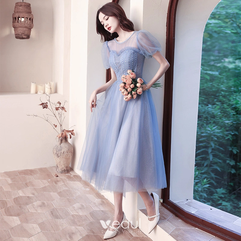 Powder blue tea length cheap dress