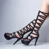 Chic / Beautiful Casual Black Womens Boots 2017 PU Strappy Platform High Heel Open / Peep Toe Boots