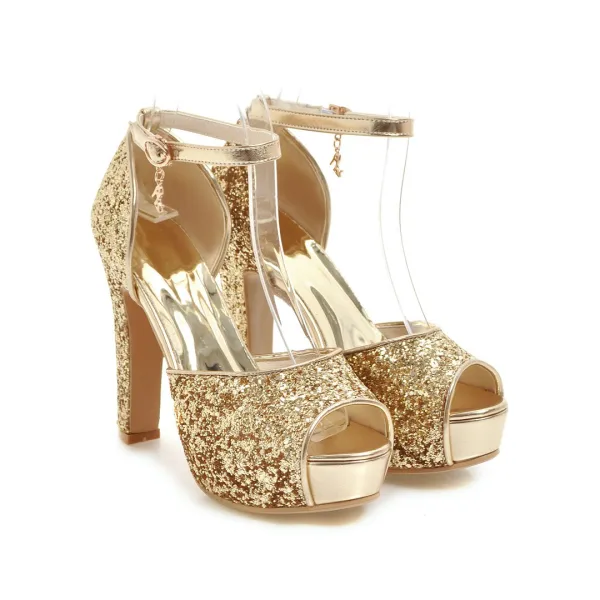 Sexy Silber Abend Pailletten Sandalen Damen 2021 Knöchelriemen 12 cm Thick Heels Peeptoes Sandaletten Hochhackige