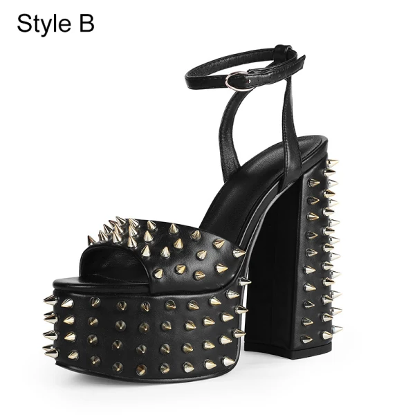 Inhabituel Noire Rivet Club de carnaval Sandales Femme 2021 Bride Cheville 15 cm Talons Épais Imperméables Peep Toes / Bout Ouvert Sandales Talons Hauts