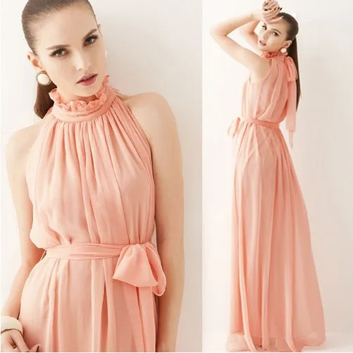 Elegant Summer Khaki Maxi Dresses 2018 Pleated High Neck Short Sleeve Floor-Length / Long Womens Clothing