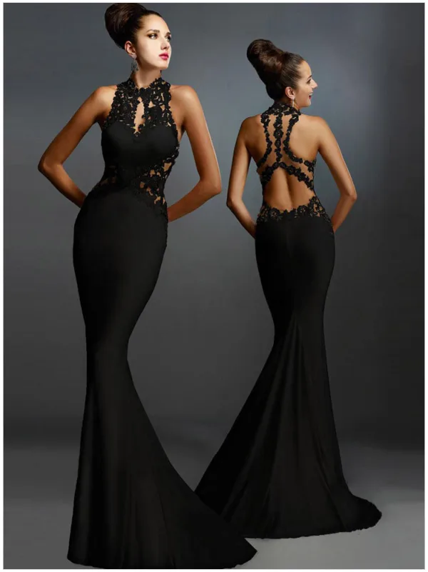 Modern / Fashion White Maxi Dresses 2018 Trumpet / Mermaid Lace Flower High Neck Sleeveless Sweep Train Womens Clothing