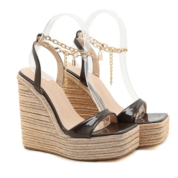 Mode Meeresblau Strassenmode Flechten Sandalen Damen 2021 Knöchelriemen 15 cm Keilabsatz Plateau Peeptoes Sandaletten