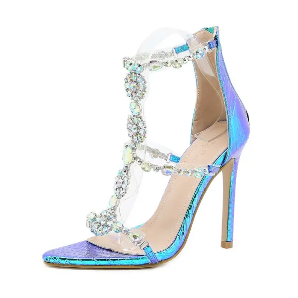 Sexy Pool Blue Evening Party Womens Sandals 2021 Rhinestone T-Strap 11 cm Stiletto Heels Open / Peep Toe Sandals High Heels