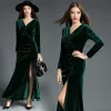 Sexy Dark Green Maxi Dresses 2018 Trumpet / Mermaid Suede Split Front V-Neck Long Sleeve Ankle Length Womens Clothing