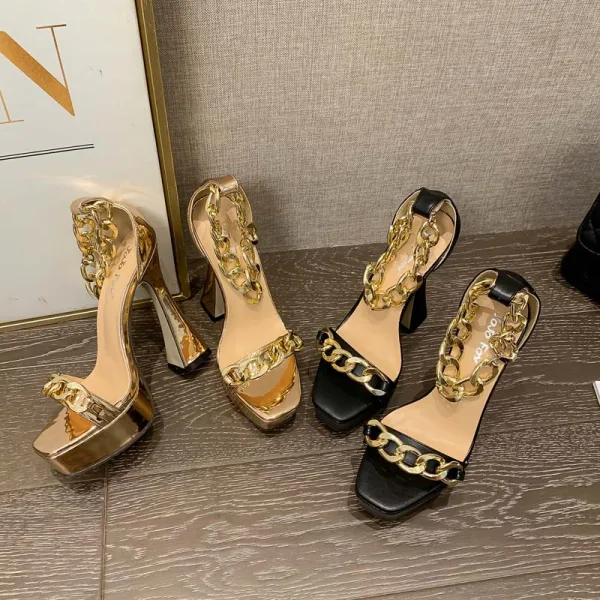 Sexy Gold Street Wear Womens Sandals 2021 Waterproof Metal Ankle Strap 13 cm Stiletto Heels Open / Peep Toe Sandals High Heels