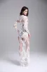 Sexy White Maxi Dresses 2018 Trumpet / Mermaid See-through Lace Flower V-Neck Long Sleeve Floor-Length / Long Womens Clothing
