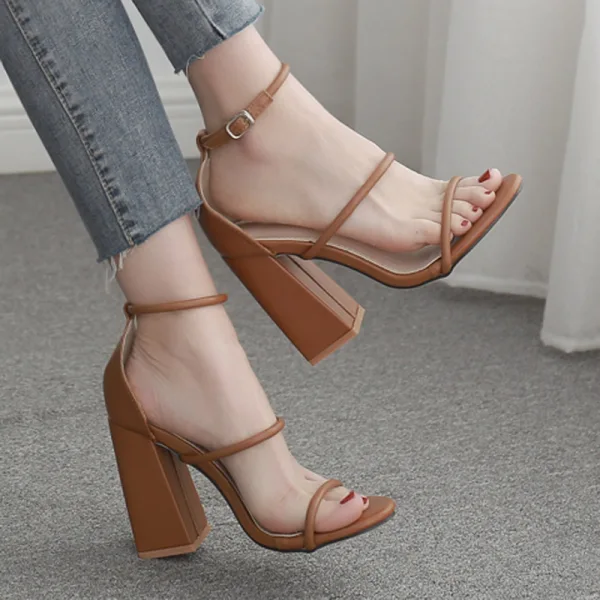 Chic / Beautiful Brown Street Wear Womens Sandals 2021 Ankle Strap 11 cm Thick Heels Open / Peep Toe Sandals High Heels