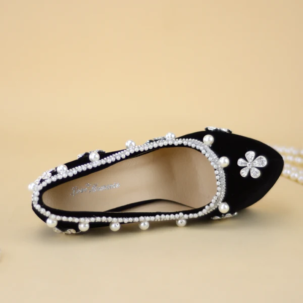 Charming Black Pearl Rhinestone Wedding Shoes 2021 14 cm Stiletto Heels Round Toe Wedding Pumps High Heels