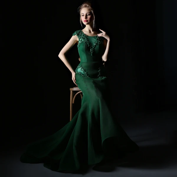 Luxury / Gorgeous Dark Green Evening Dresses With Cloak 2018 Trumpet / Mermaid Beading Pearl Rhinestone Scoop Neck Backless Sleeveless Sweep Train Formal Dresses