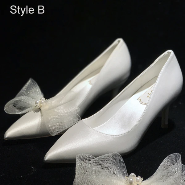 Elegant Ivory Pearl Bow Wedding Shoes 2021 Leather 8 cm Stiletto Heels Pointed Toe Wedding Pumps High Heels