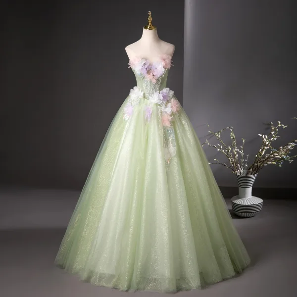 Classy Sage Green Beading Appliques Sequins Prom Dresses 2025 Ball Gown  Strapless Sleeveless Backless Floor-Length /