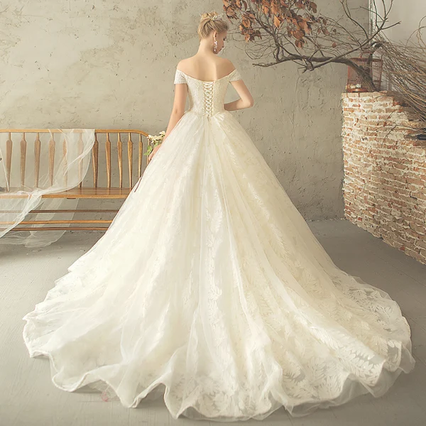 Elegant Champagne Wedding Dresses 2018 Ball Gown Lace Sequins Off-The-Shoulder Backless Short Sleeve Chapel Train Wedding