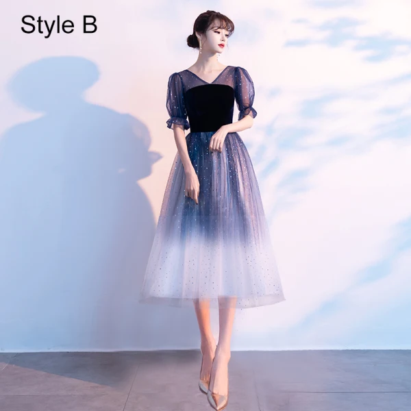 Chic / Beautiful Ocean Blue Star Sequins Prom Dresses 2021 A-Line / Princess V-Neck Suede 1/2 Sleeves Backless Floor-Length / Long Prom Formal Dresses