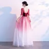 Elegant Burgundy Suede Prom Dresses 2021 A-Line / Princess V-Neck Star Sequins 1/2 Sleeves Backless Floor-Length / Long Prom Formal Dresses