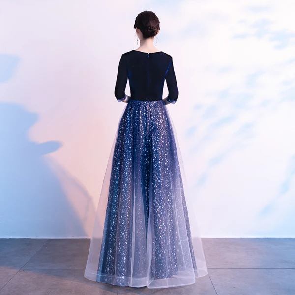 Vintage Retro Ocean Blue Suede Prom Dresses 2021 A-Line Princess V-Neck Star Sequins 1/2