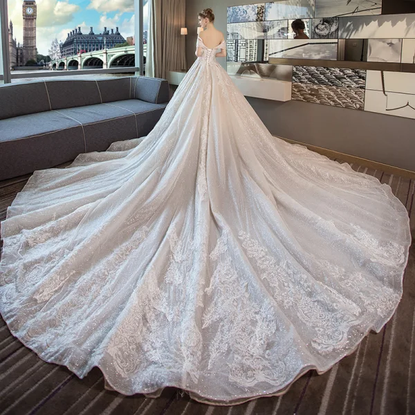 Luxury / Gorgeous Champagne Wedding Dresses 2018 Ball Gown Lace Beading Pearl Sequins Off-The-Shoulder Backless Short Sleeve Royal Train Wedding
