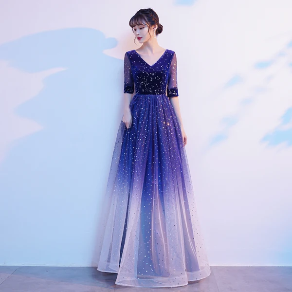 Sparkly Royal Blue Suede Star Sequins Prom Dresses 2021 A-Line / Princess V-Neck 1/2 Sleeves Floor-Length / Long Prom Formal Dresses