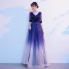 Sparkly Royal Blue Suede Star Sequins Prom Dresses 2021 A-Line / Princess V-Neck 1/2 Sleeves Floor-Length / Long Prom Formal Dresses