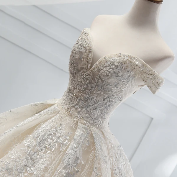 Luxury / Gorgeous Champagne Wedding Dresses 2018 Ball Gown Beading Lace Flower Crystal Pearl Rhinestone Sequins Off-The-Shoulder Backless Short Sleeve Royal Train Wedding