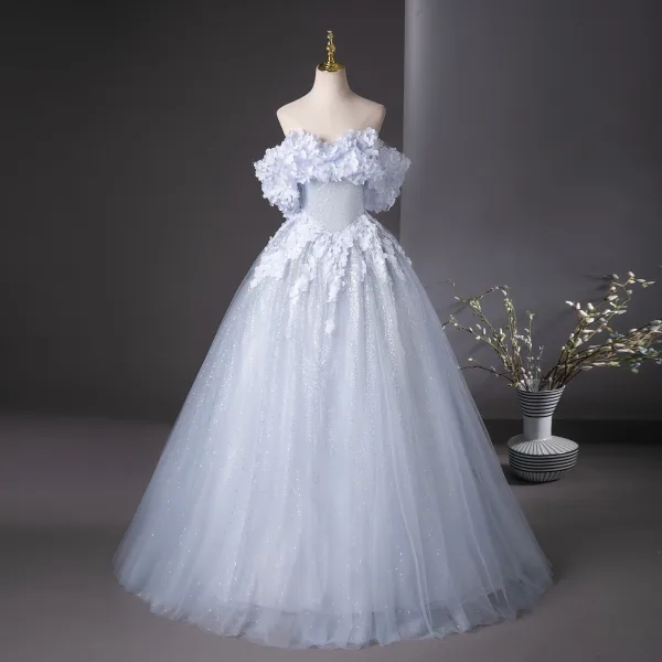 Chic / Beautiful Sky Blue Glitter Appliques Prom Dresses 2025 Ball Gown Off-The-Shoulder Short Sleeve Backless Floor-Length / Long Prom Formal Dresses