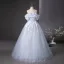Chic / Beautiful Sky Blue Glitter Appliques Prom Dresses 2025 Ball Gown Off-The-Shoulder Short Sleeve Backless Floor-Length / Long Prom Formal Dresses